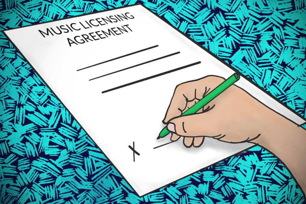 Illustration of someone signing a music licensing agreement.