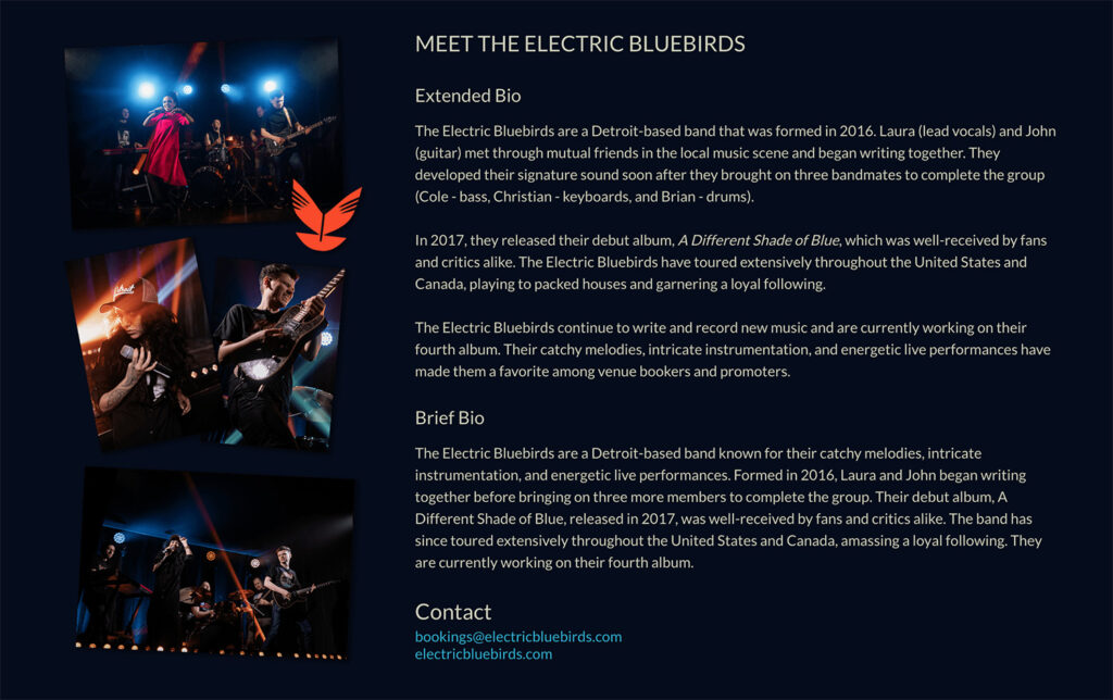 Example of a short and long bio on a band EPK.
