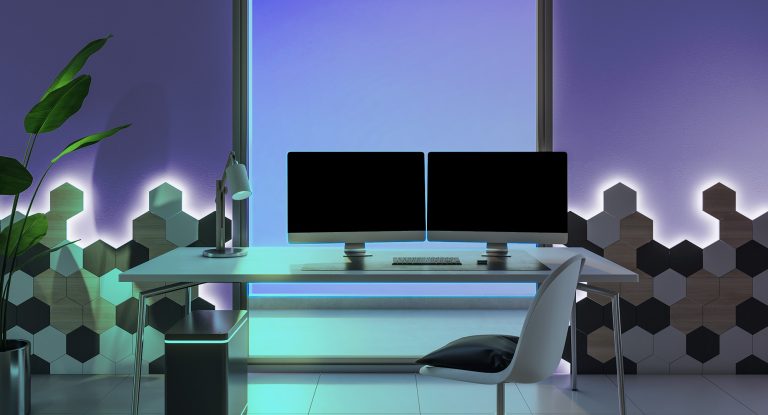 Illustration of a home office at night.