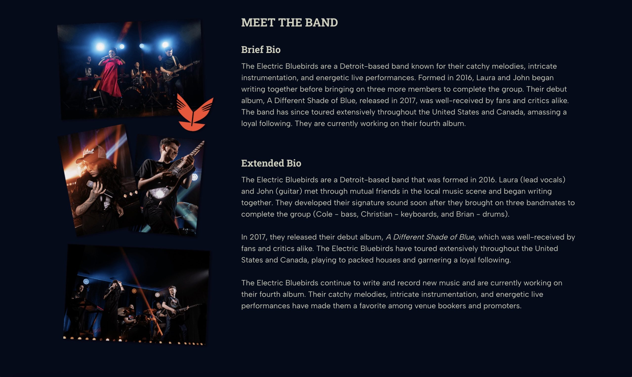 Example of a short and long bio on a band EPK.