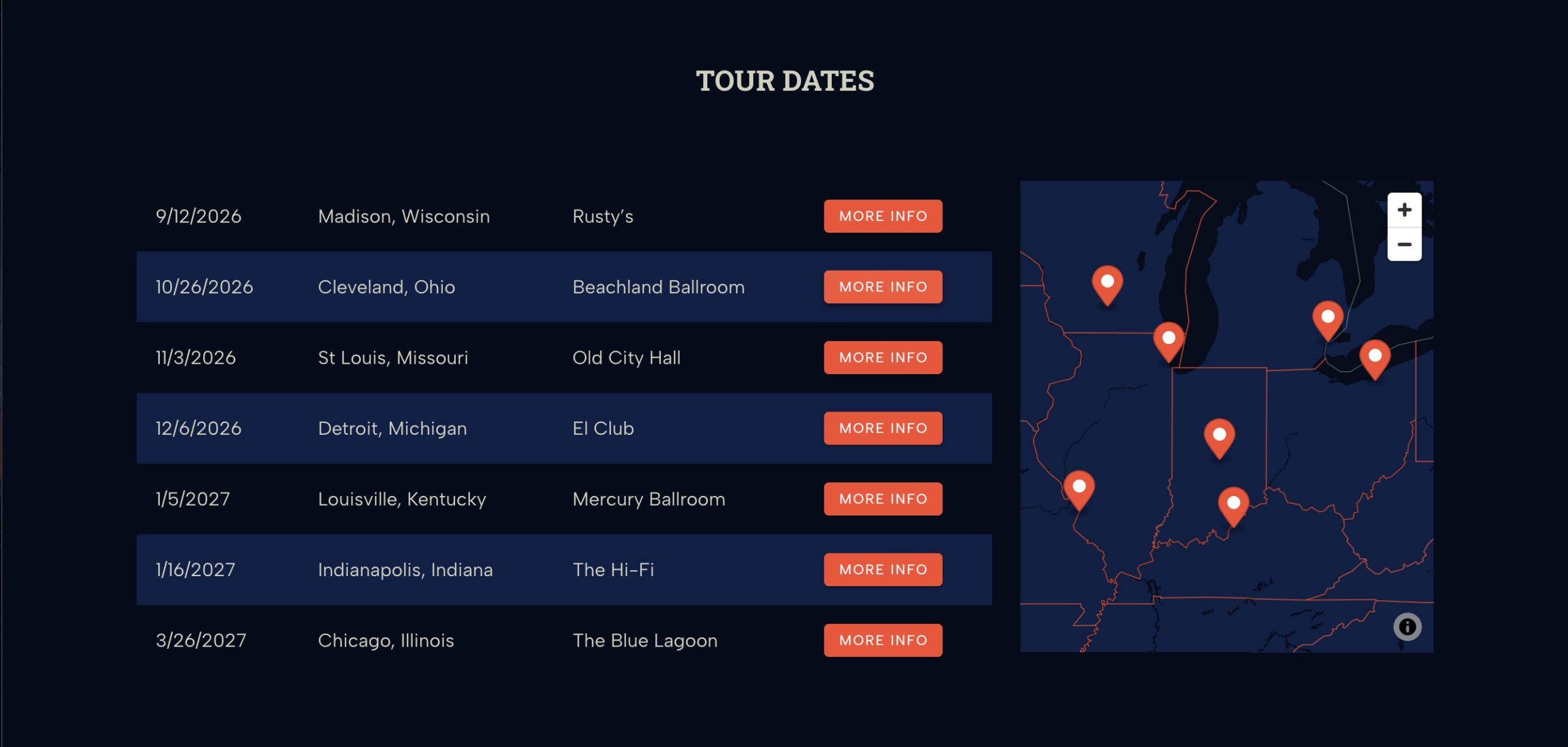 Interactive tour dates or event calendar with map on ReelCrafter