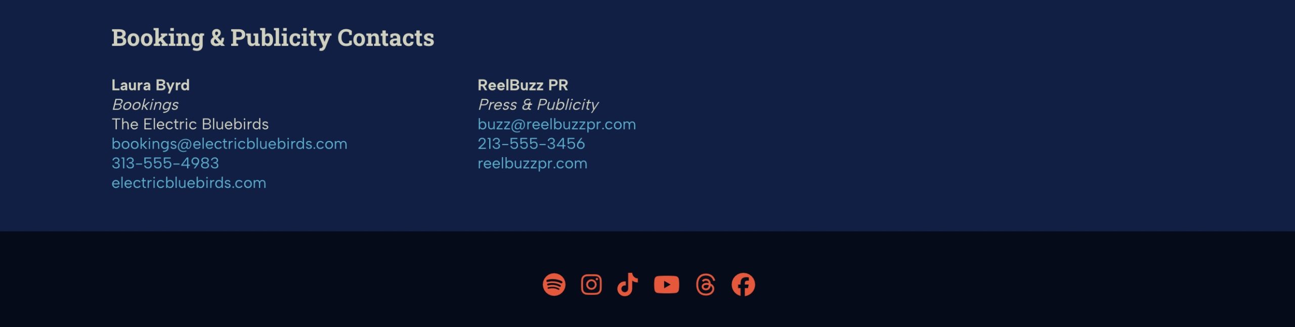 Example of contact information on an artist EPK
