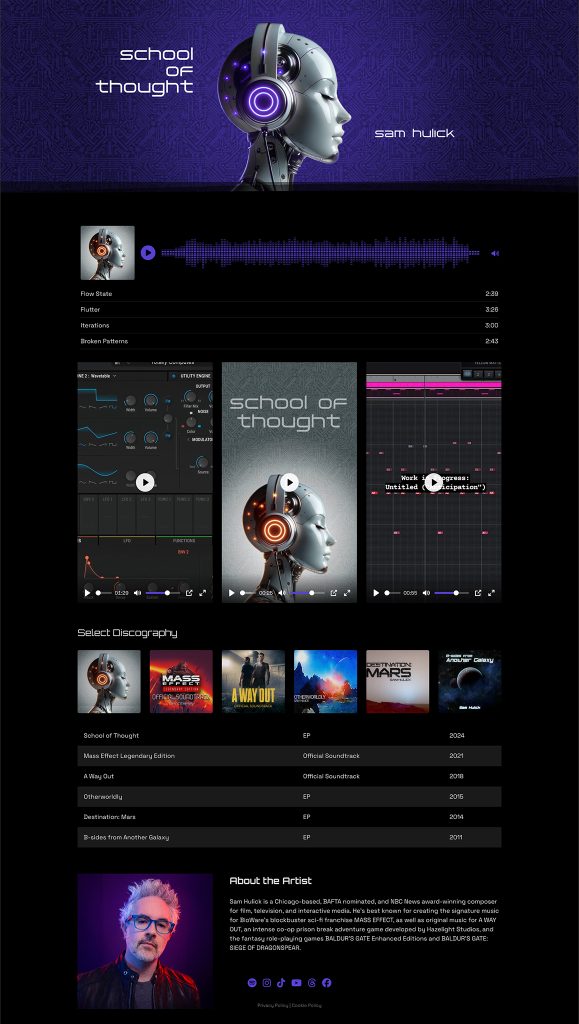 New 2026 example of a demo reel built with ReelCrafter, featuring artist branding, custom waveforms, unique fonts, audio, video, images, credits, and a biography.