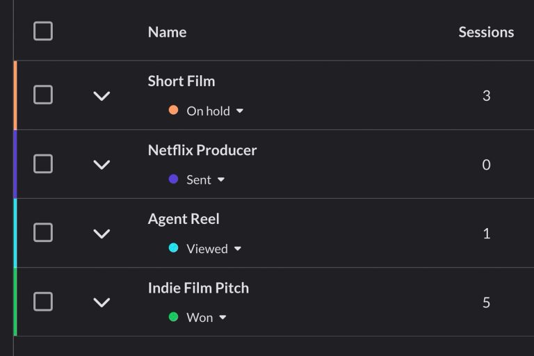 Example of share link statuses on ReelCrafter that you can use to track the status of every pitch reel you send out.