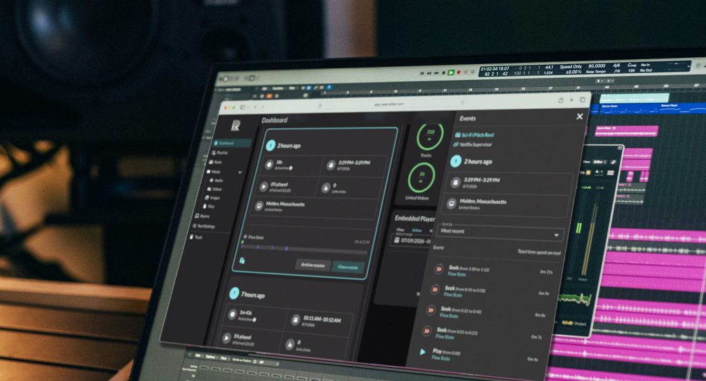 Image of a computer monitor with audio software in the background and ReelCrafter analytics shown in a browser window in the foreground.