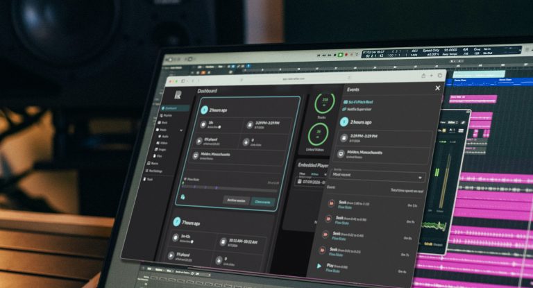 Image of a computer monitor with audio software in the background and ReelCrafter analytics shown in a browser window in the foreground.