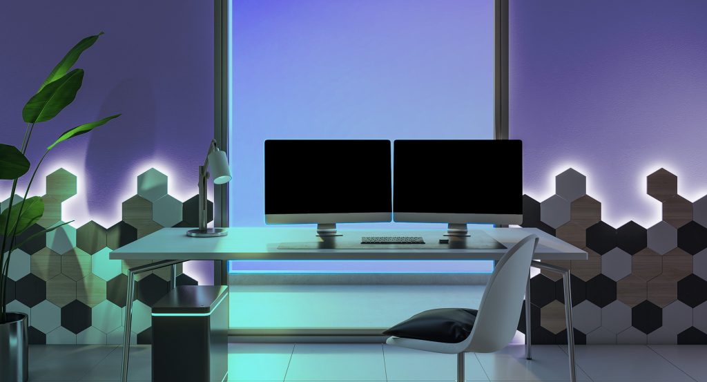 Illustration of a home office at night.