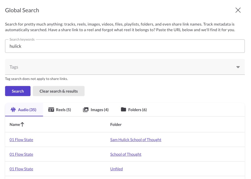 Screenshot of Global Search in ReelCrafter showing results with audio, reels, images and folders.