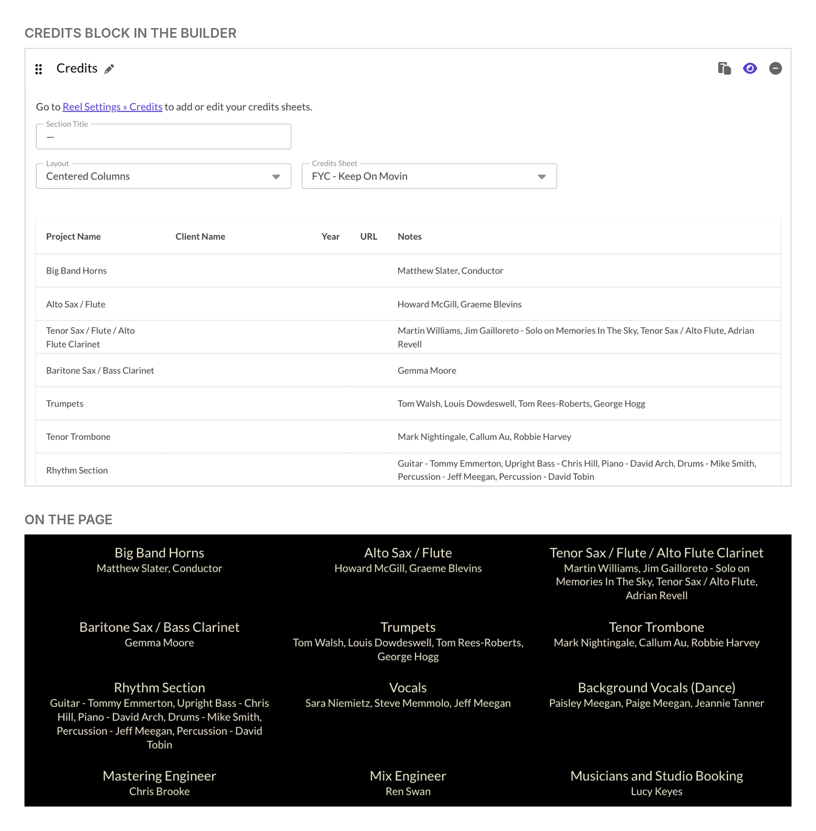 A ReelCrafter credits block with instruments in the project name field and musicians in the notes field, above how the credits look on the FYC page