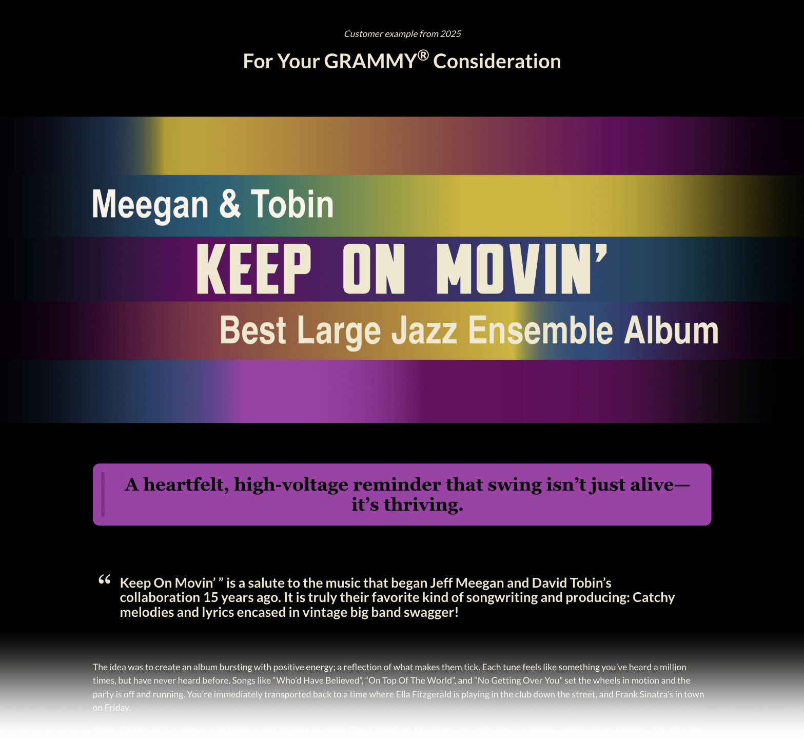 The top of the Meegan & Tobin Grammy FYC page on ReelCrafter, with the FYC header, the album-cover banner with the Grammy category, and a purple pull quote