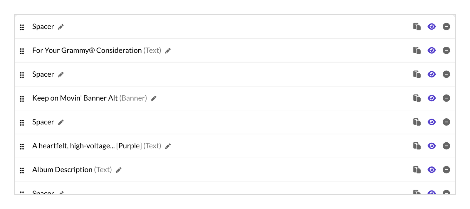 The ReelCrafter reel builder block list with renamed blocks, each showing its original block type in parentheses